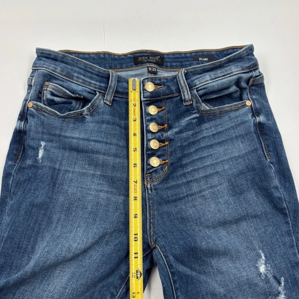 Judy Blue Women's 9/29 Flare‎ Medium Wash Distressed Button Fly High Rise Jeans